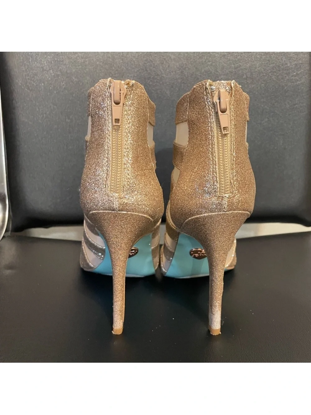 Betsey Johnson Gold Glitter Strappy Peep-Toe High Heel Booties